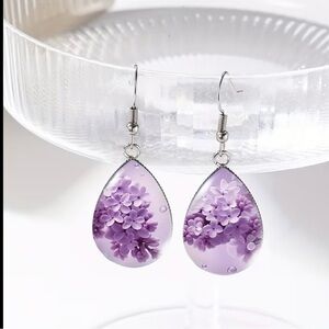 Purple Floral Tear Drop Fish Hook Earrings